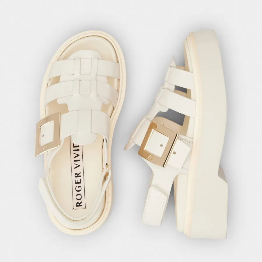Roger Vivier Viv' Rangers Sandals In White Leather With Metal Buckle