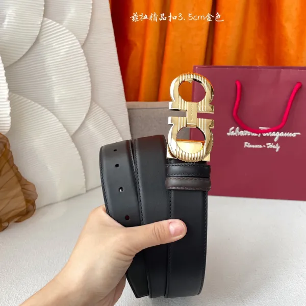 Ferragamo Men's Double Gancini Buckle Reversible Belt In Black/Coffee Smooth Calfskin With Gold/Silver/Black/Gun Black Hardware 35mm - Image 5