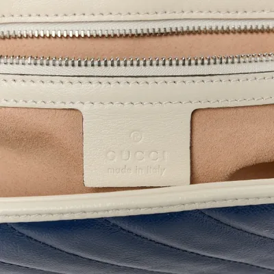 Gucci Small Torchon GG Marmont Shoulder Bag Blue Agata / Mystic White Vintage Effect Calfskin Leather Matelassé Diagonal Aged Silver Hardware