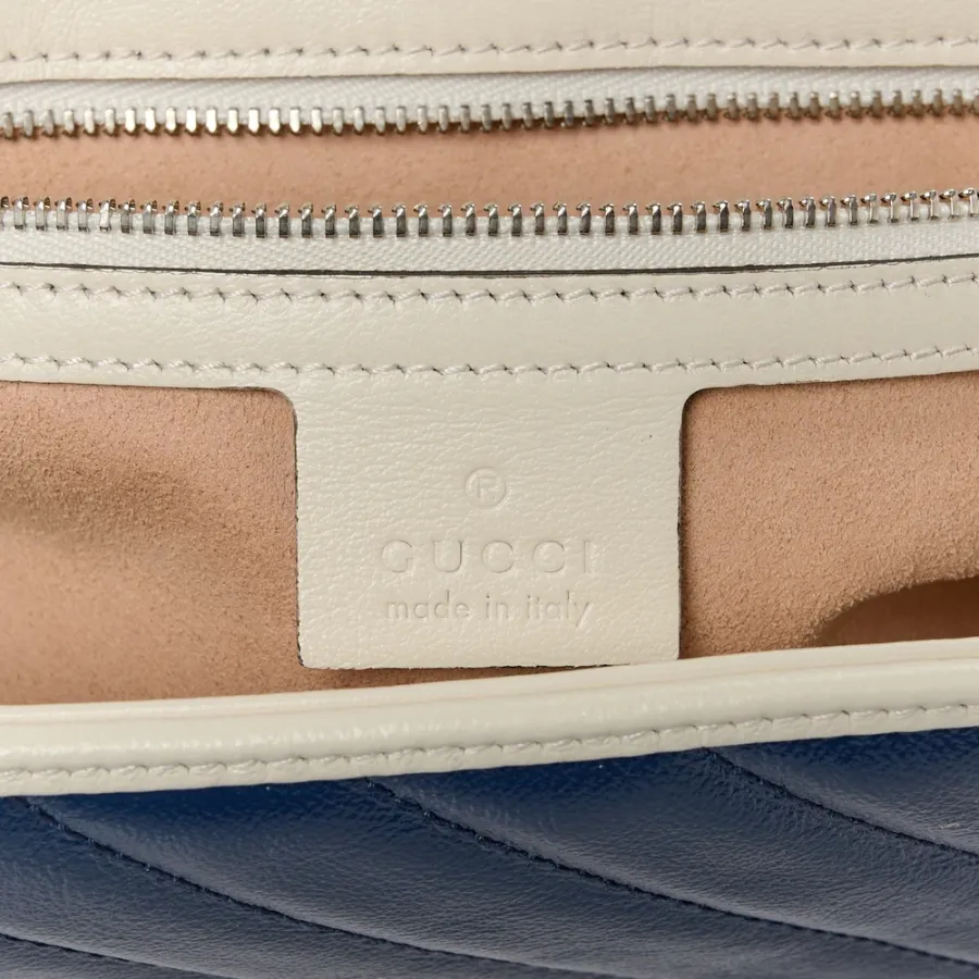 Gucci Small Torchon GG Marmont Shoulder Bag Blue Agata / Mystic White Vintage Effect Calfskin Leather Matelassé Diagonal Aged Silver Hardware