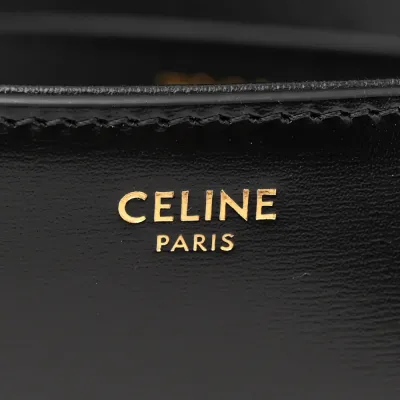 Celine Small Triomphe Chain Shoulder Bag Black Shiny Calfskin Leather Gold Hardware