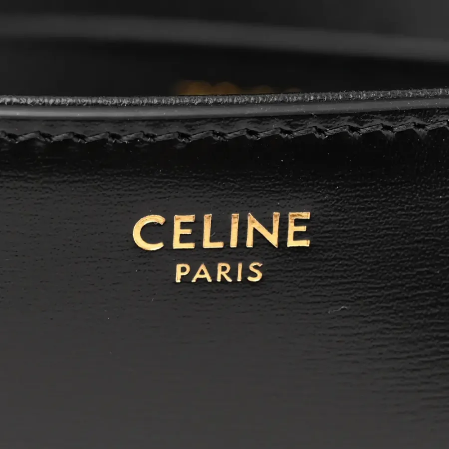 Celine Small Triomphe Chain Shoulder Bag Black Shiny Calfskin Leather Gold Hardware