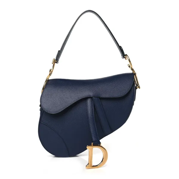 Dior Medium Saddle Bag Indigo Blue Grained Calfskin Leather Gold Hardware