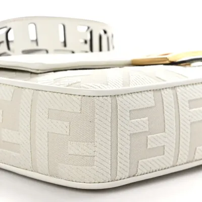 Fendi Extra Strap FF Embroidered Baguette White Ice Canvas & King Vitello Leather Gold Hardware
