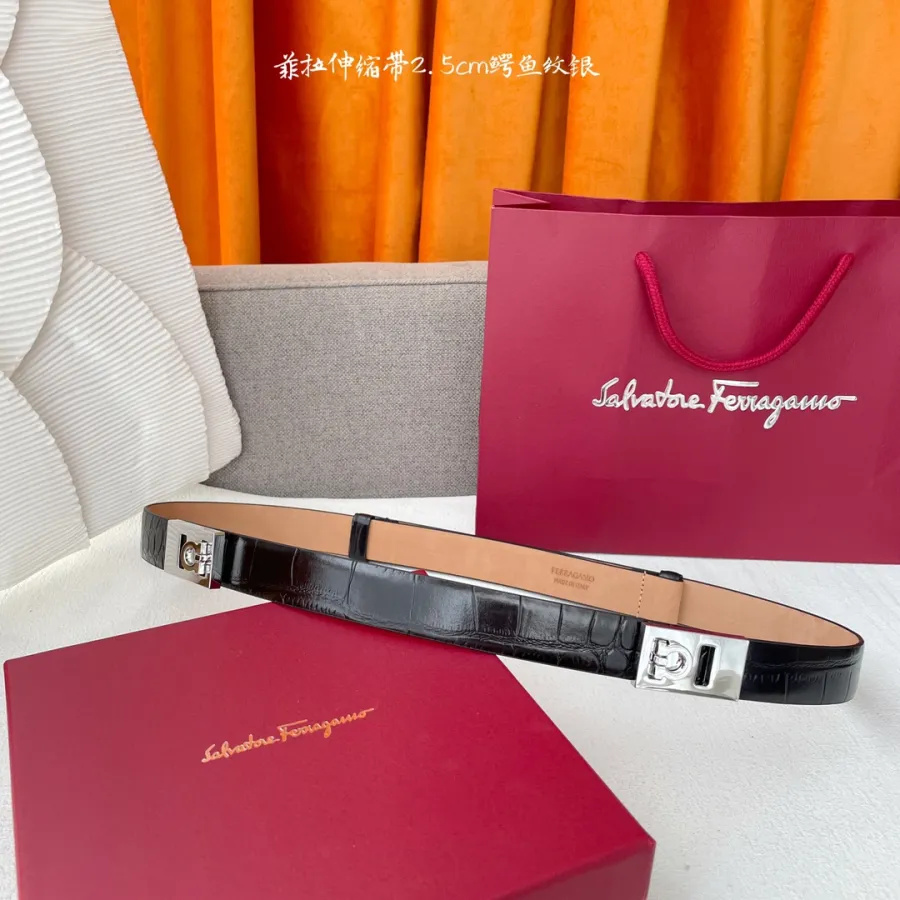 Ferragamo Women's Extendable Hug Belt In Brown/Black Calfskin With Gold/Silver Hardware 25mm