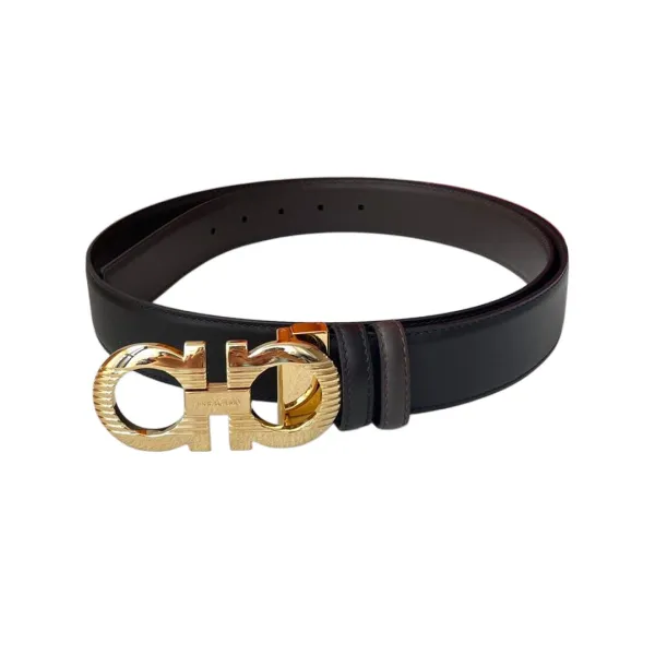 Ferragamo Men's Double Gancini Buckle Reversible Belt In Black/Coffee Smooth Calfskin With Gold/Silver/Black/Gun Black Hardware 35mm - Image 4