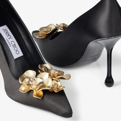 JIMMY CHOO Black satin floral embellished heels