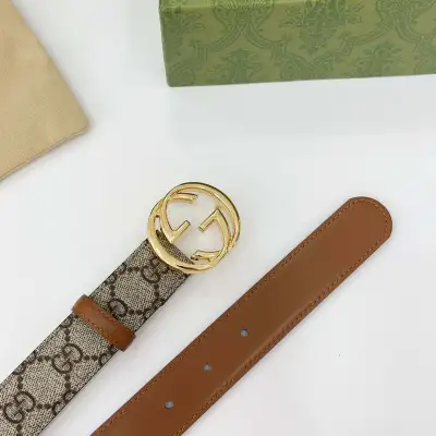 Gucci Women's Round GG Buckle Marmont Reversible Belt In Black/Brown Calfskin And Beige/Black Monogram Cavans With Gold/Silver Hardware 30mm