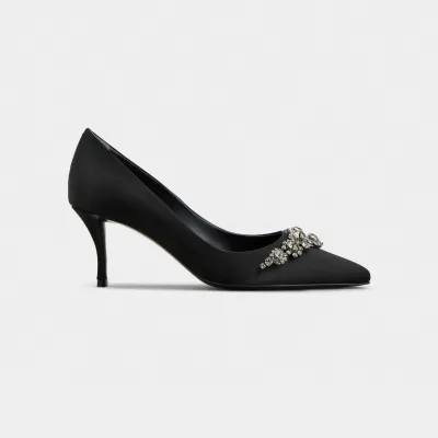 Roger Vivier Efflorescence Pumps High Heels In Black Satin With Crystal Flowers Buckle (Heel Height 6.5cm)