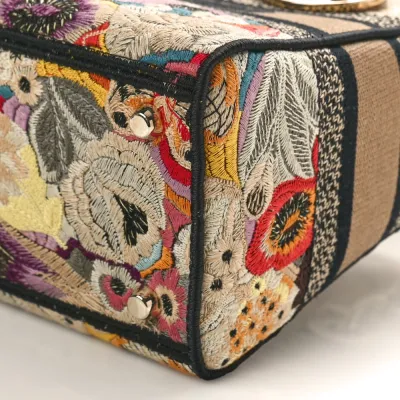 Dior Medium Lady D-Lite Beige/Black/Multicolor Floral Embroidered Canvas Gold Hardware
