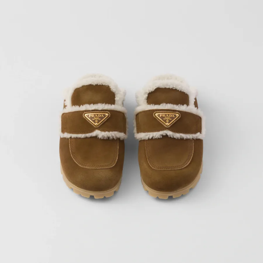 PRADA Cinnamon suede and sheepskin slippers
