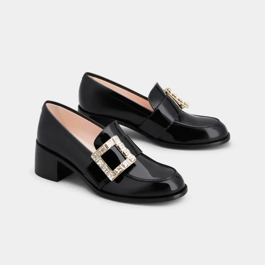 Roger Vivier Viv' Rangers Loafers In Black Patent Leather With Crystal Buckle (Heel Height 5.5cm)