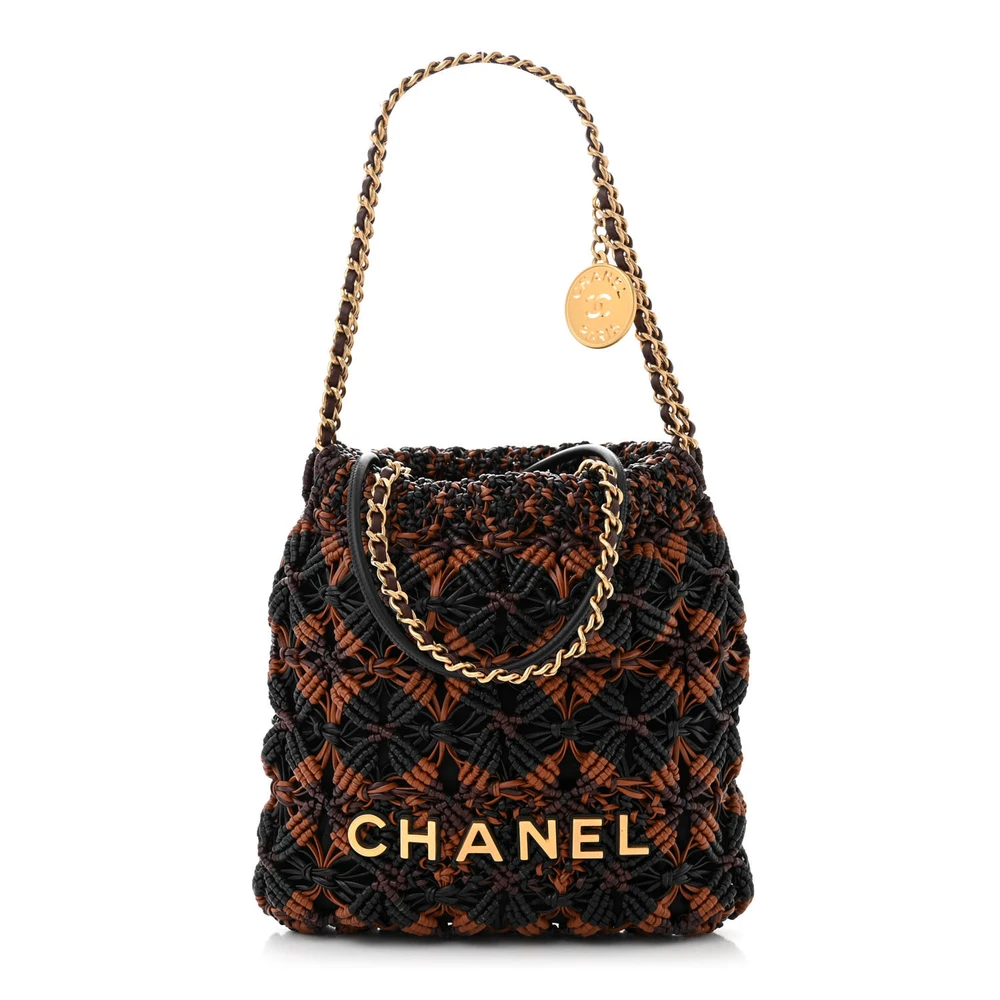Chanel Mini Preto / Marrom Claro / Bordô Chanel 22 Couro Bezerro Macramé Hardware Envelhecido Dourado
