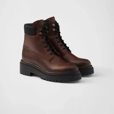 PRADA Dark brown leather and recycled nylon ankle boots