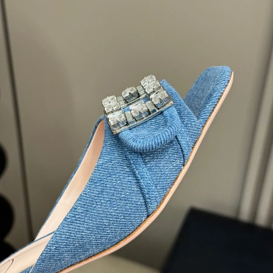 Roger Vivier Très Vivier Mules High Heels In Blue Denim With Crystal Buckle (Heel Height 3.5cm)