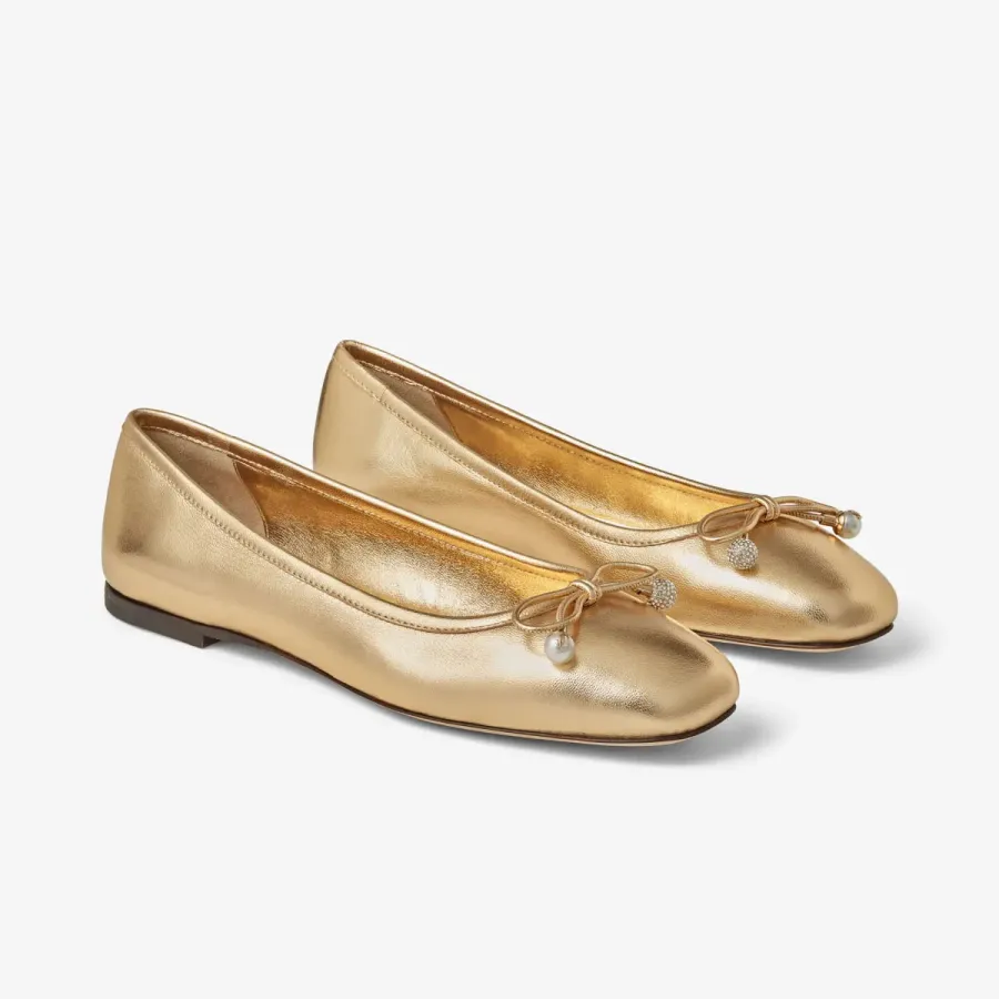 JIMMY CHOO Pearl embellish gold metallic texture Napa sheep-leather flats