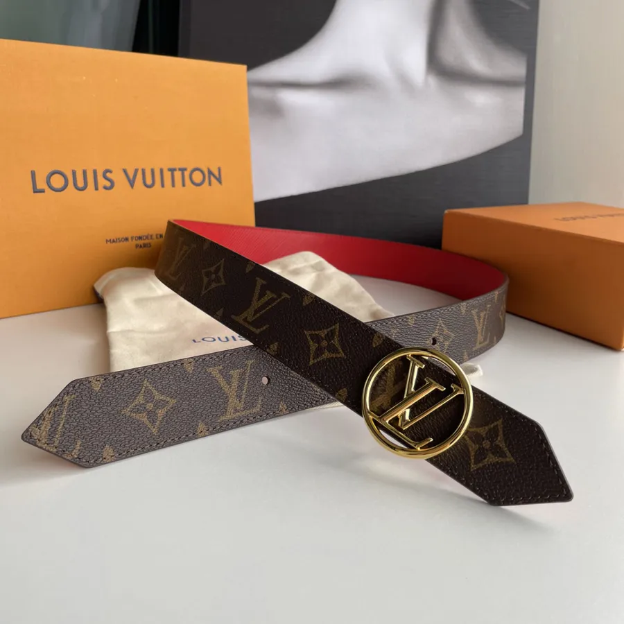 Louis Vuitton Women's Circle Buckle Belt In Black/Red Calfskin And Monogram Canvas With Gold/Silver Hardware 35mm