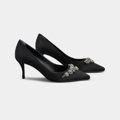Roger Vivier Efflorescence Pumps High Heels In Black Satin With Crystal Flowers Buckle (Heel Height 6.5cm)