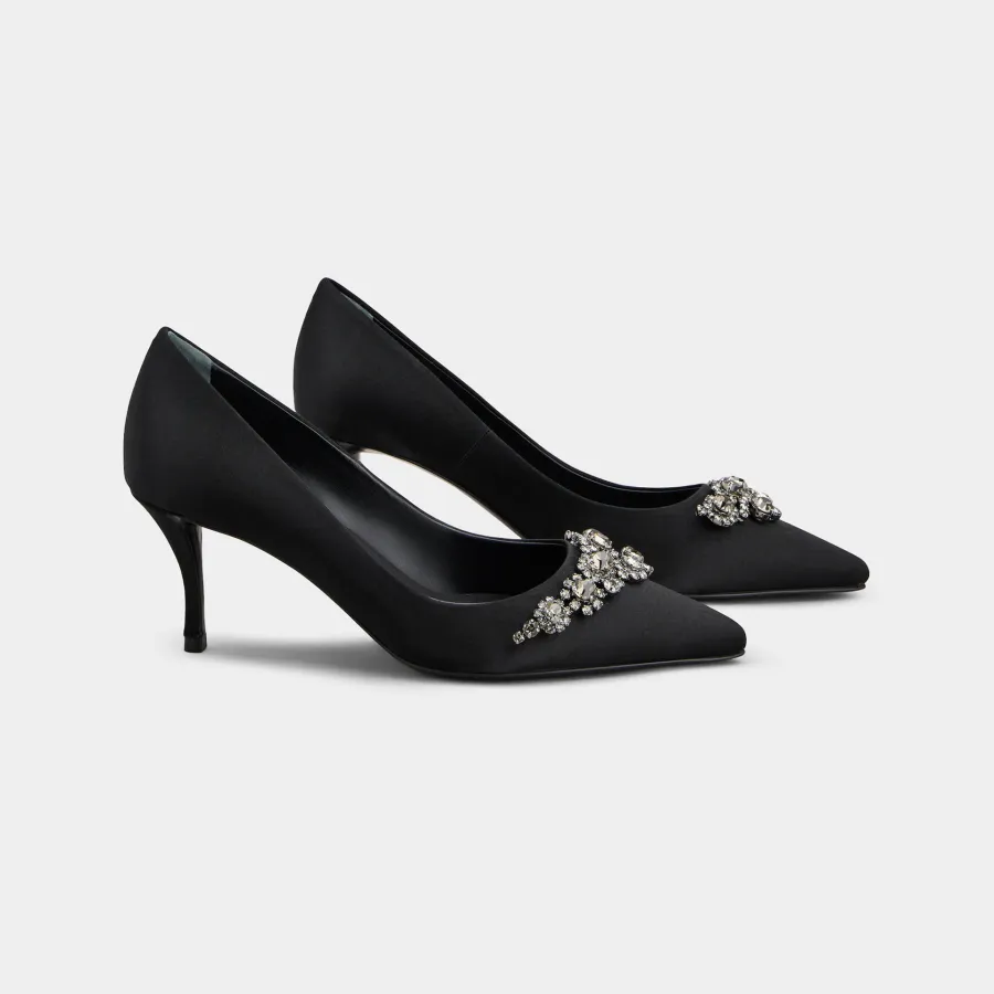 Roger Vivier Efflorescence Pumps High Heels In Black Satin With Crystal Flowers Buckle (Heel Height 6.5cm)
