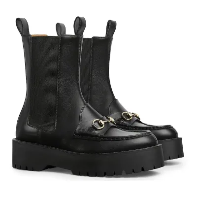 Gucci black Groove sole horseneck buckle boots