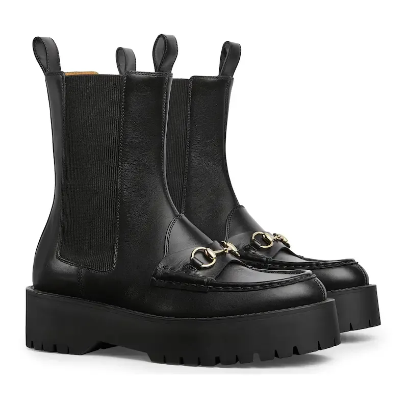 Gucci black Groove sole horseneck buckle boots