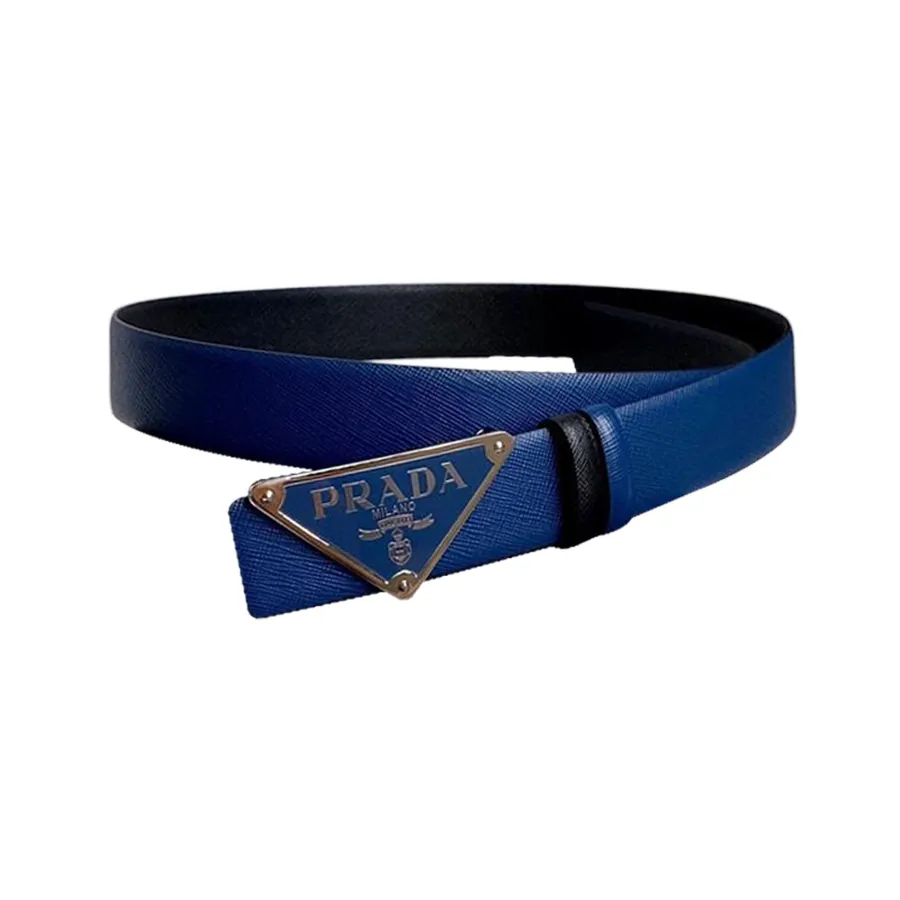 Prada Men' s Triangled Buckle Belt In Black/Brown/White/Blue Saffiano Calfskin With Gold/Silver Hardware 35mm