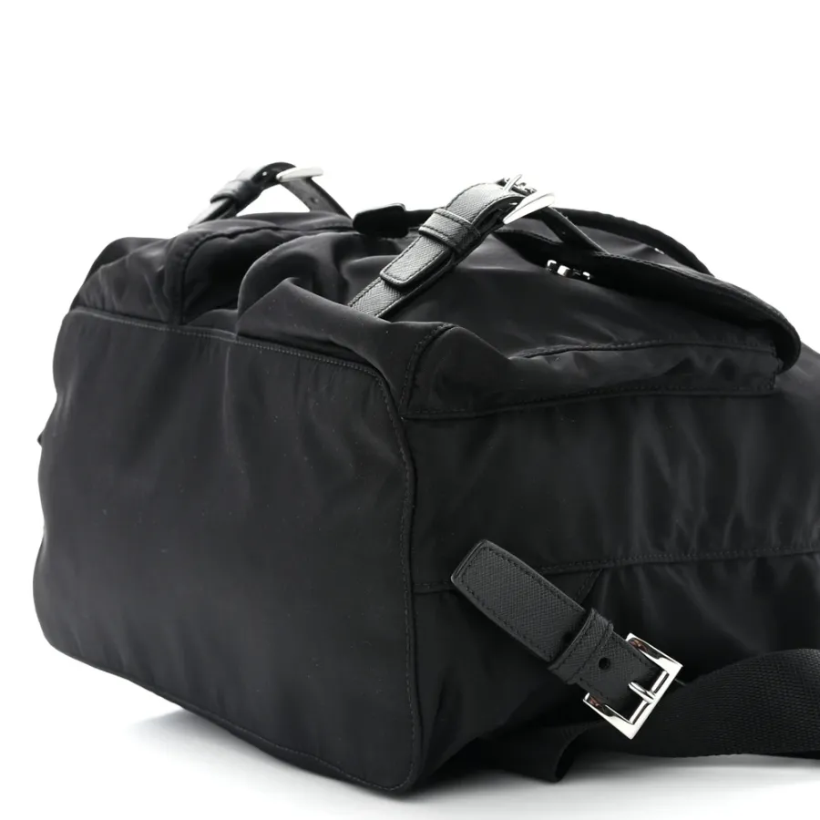 Prada Medium Backpack Black Re-Nylon & Saffiano Leather Silver Hardware