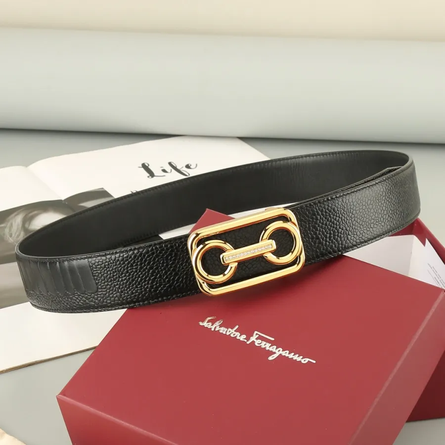 Ferragamo Men's Horsebit Buckle With Crystal Belt In Black Calfskin With Gold/Silver Hardware 38mm