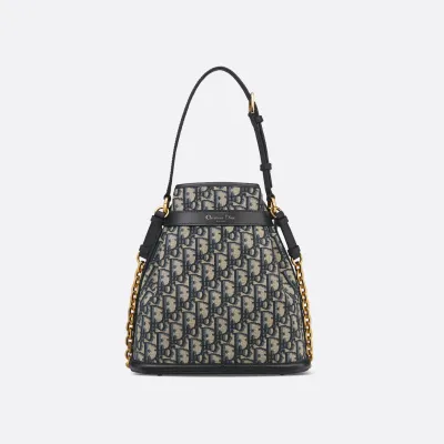 Dior Medium C'est Dior Bag In Black CD-Embossed Calfskin/Blue Dior Oblique Jacquard With Gold Hardware