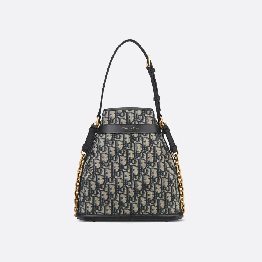 Dior Medium C'est Dior Bag In Black CD-Embossed Calfskin/Blue Dior Oblique Jacquard With Gold Hardware