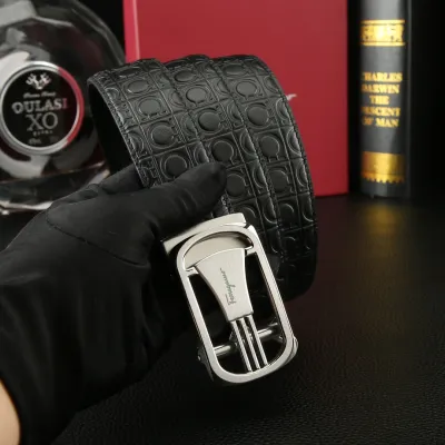 Ferragamo Men's Square Buckle Belt In Black Gancini Monogram Calfskin With Gold/Silver Hardware 35mm