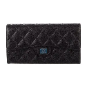 Chanel Large Interlocking CC Logo Trifold Wallet Black Caviar Leather Silver Hardware