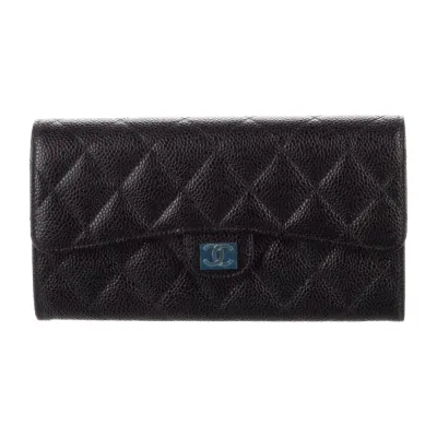 Chanel Large Interlocking CC Logo Trifold Wallet Black Caviar Leather Silver Hardware