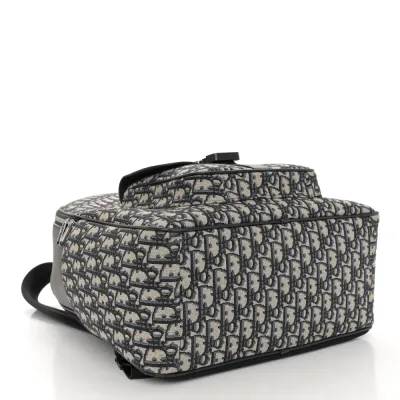 Dior Large Saddle Zip Backpack Black Oblique Canvas & Grained Calfskin Leather Silver Hardware