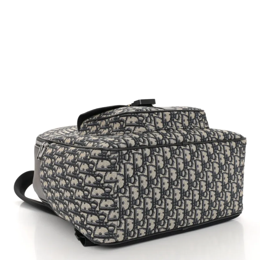 Dior Large Saddle Zip Backpack Black Oblique Canvas & Grained Calfskin Leather Silver Hardware