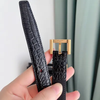 Saint Laurent Cassandre Belt In Black Crocodile-Embossed Calfskin With Gold/Silver/Black Hardware 20mm