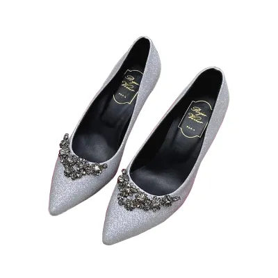 Roger Vivier Efflorescence Pumps High Heels In Red/Silver Satin With Crystal Flowers Buckle (Heel Height 6.5cm)