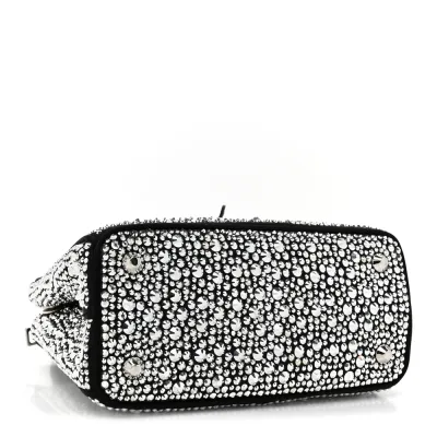 Prada Mini Galleria Double Zip Tote Black Metal Satin & Crystal Silver Hardware