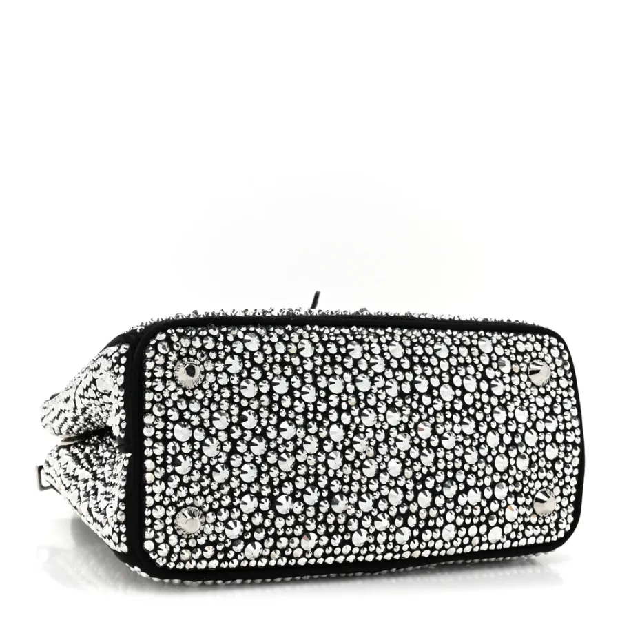 Prada Mini Galleria Double Zip Tote Black Metal Satin & Crystal Silver Hardware