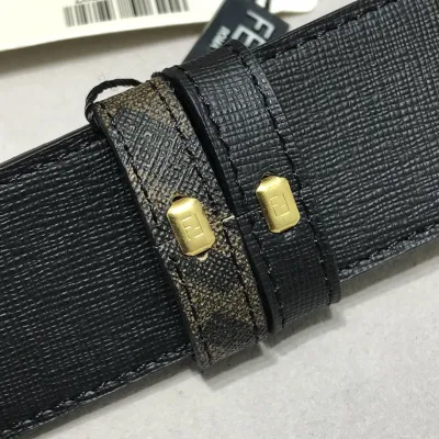 Fendi Men's Rectangle Buckle Belt In Black/Brown/Red Calfskin And Monogram Canvas With Gold/Silver Hardware 38mm