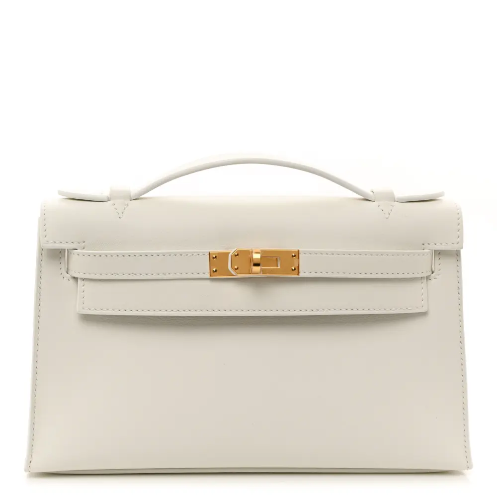 Bolsa Clutch Kelly Pochette Hermès em Couro Swift Branco com Hardware em Paládio Dourado