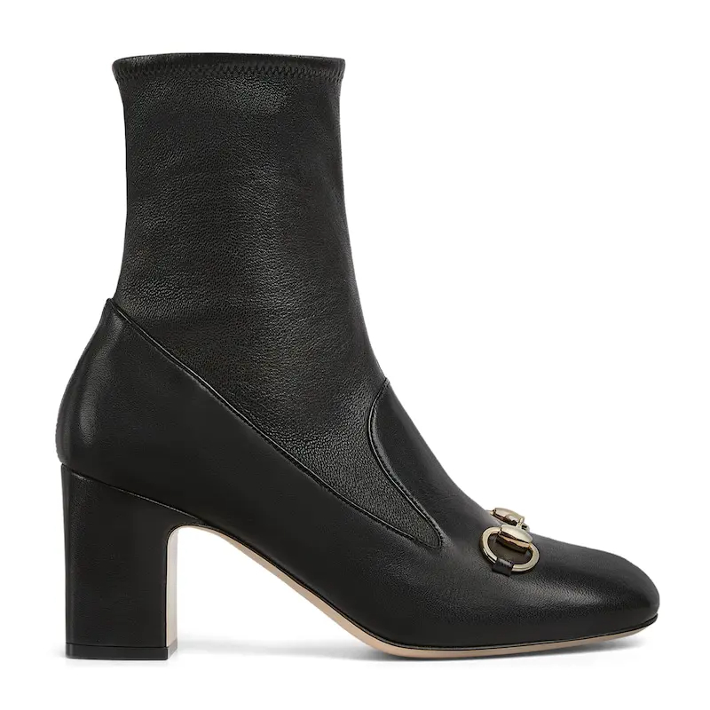 Gucci botas de salto alto com fivela quadrada de cabeça de cavalo preta.