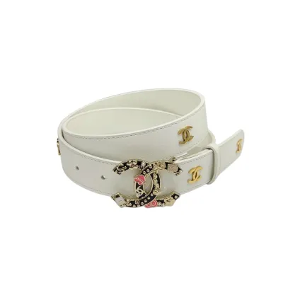Chanel Women's Decorative CC Buckle Belt In White/Black/Red/Burgundy Calfskin With Gold Hardware 30mm