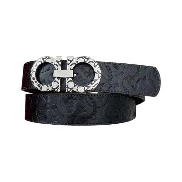 Ferragamo Men's Double Gancini Buckle Belt In Black/Coffee Grained Calfskin With Silver Hardware 35mm - Image 8