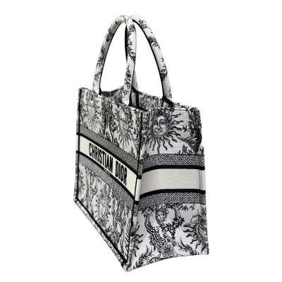 Dior Medium Dior Book Tote White Black/Navy Blue Soleil Embroidered Canvas