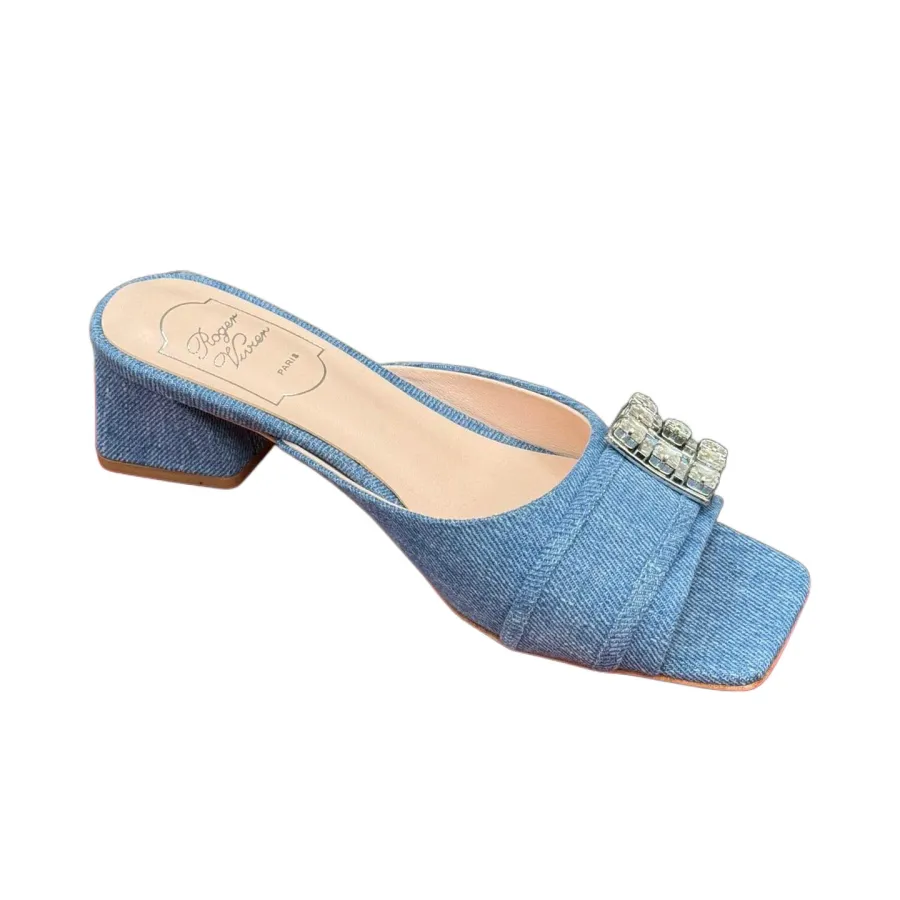 Roger Vivier Très Vivier Mules High Heels In Blue Denim With Crystal Buckle (Heel Height 3.5cm)