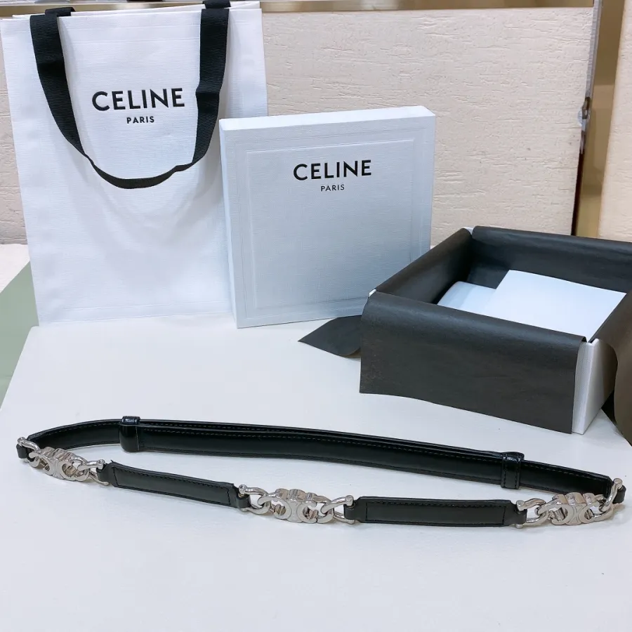 Celine Triomphe Gourmette Adjustable Belt In Black/Brown/White Taurillon Leather With Gold/Silver Hardware