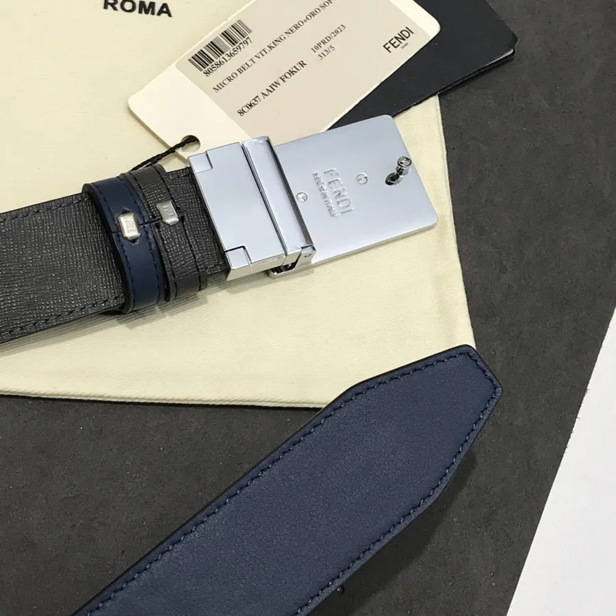 Fendi Men's FF Monster Eyes Belt In Blue/Black Saffiano Leather With Silver Hardware 35mm