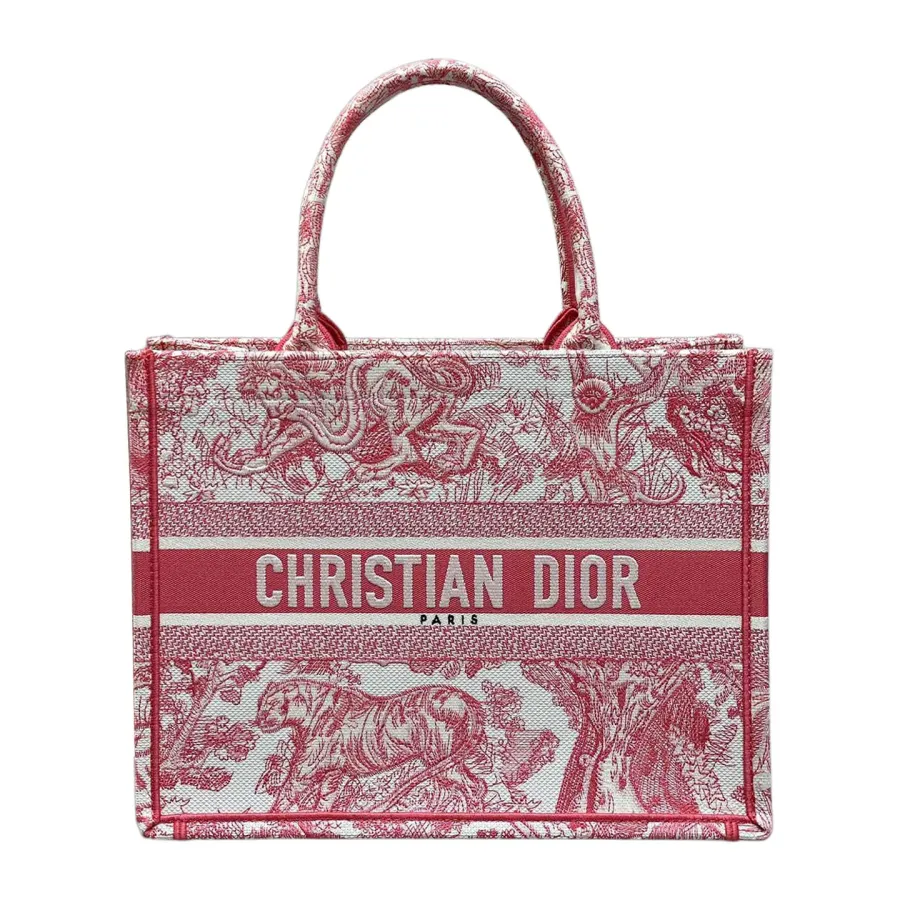 Dior Medium Dior Book Tote In White and Blue/Yarrow Pink/Green/Pink Toile de Jouy Sauvage Embroidery