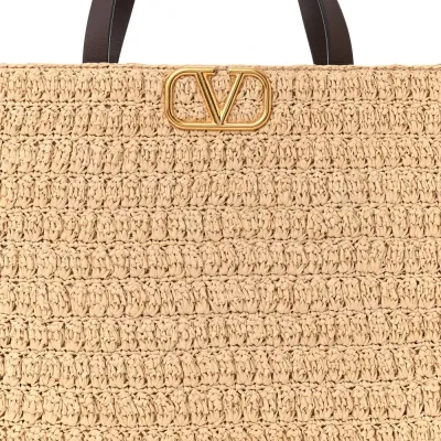 Valentino Garavani Medium VLogo Tote Naturale/Fondant Raffia & Calfskin Leather Gold Hardware